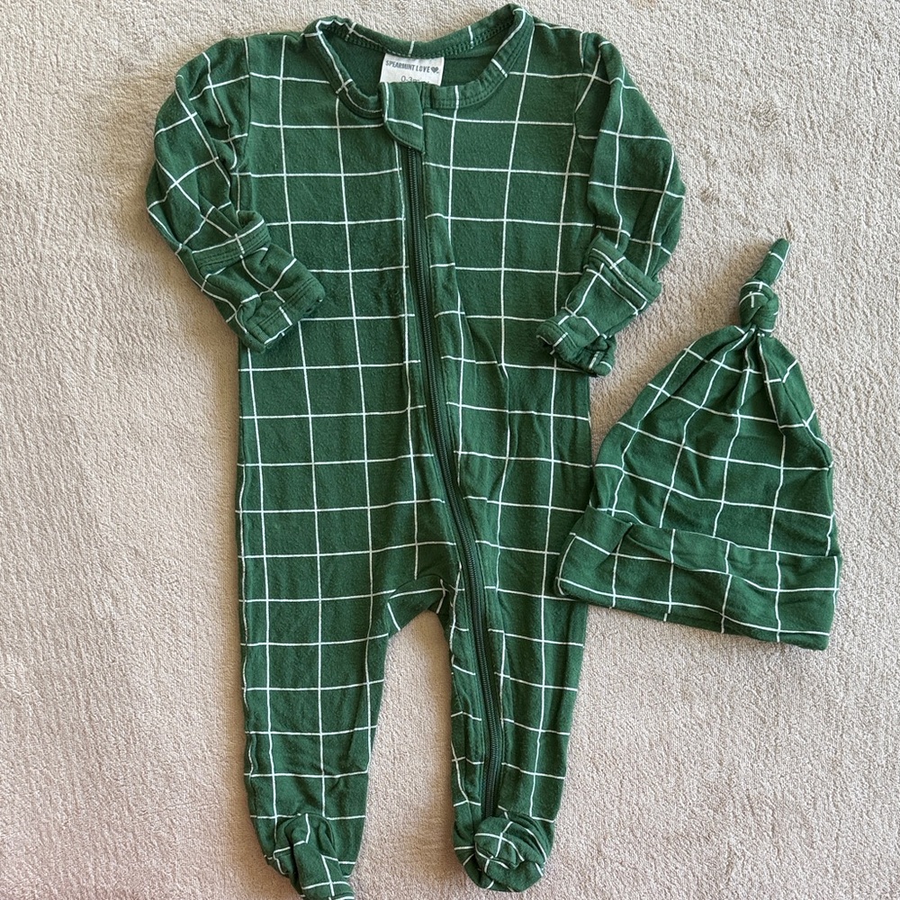 Spearmint Love Green Checkered One Piece with Hat